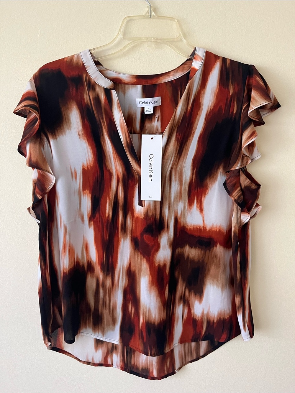 Calvin Klein V neck ruffle sleeve top abstract rust brown medium blouse